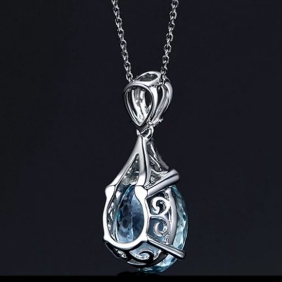 SILVER BLUE AQUAMARINE GEMSTONE WATERDROP NECKLACE - Picture 3 of 3